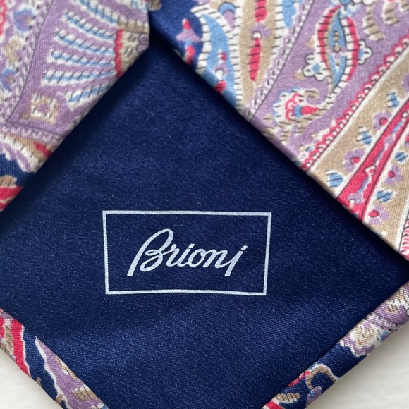 BRIONI Italian Silk Tie Large Paisley Navy Blue Coral Taupe Grey - Picture 3 of 3